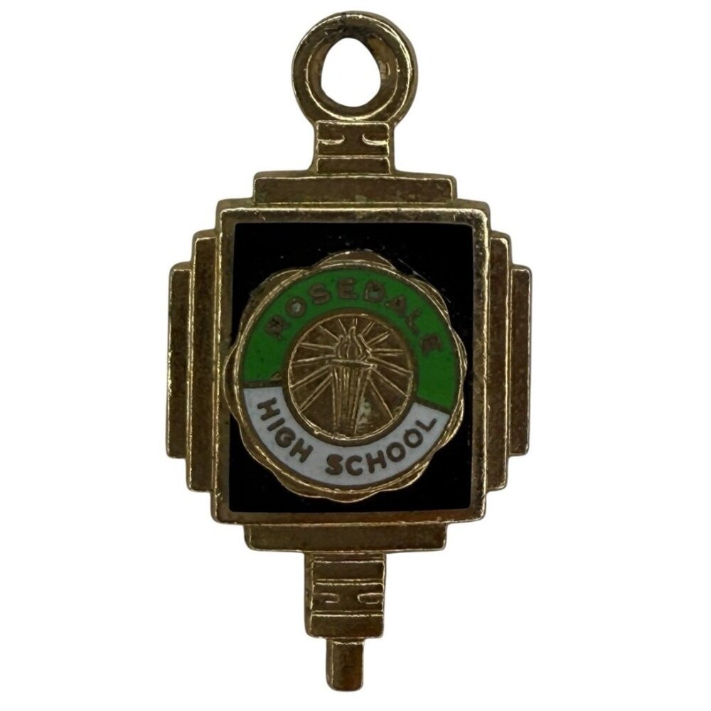 Vintage Rosedale High School Crest Necklace Pendant Gold Tone Kinney Black Green